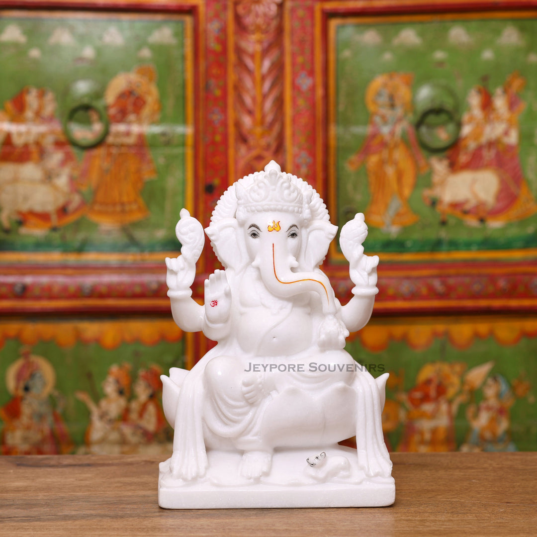 12" Handcrafted Pure White Marble Lord Ganesha Murti for Home &amp; Office Décor