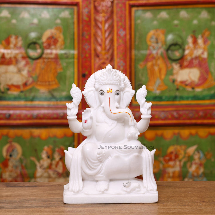 12" Handcrafted Pure White Marble Lord Ganesha Murti for Home &amp; Office Décor