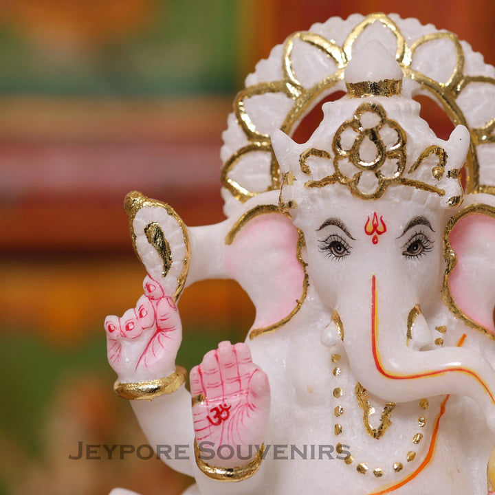 8" Pure White Marble Handmade Ganesha Statue for Home Temple &amp; Office