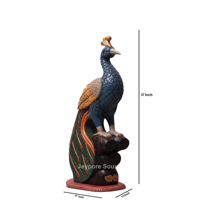 37" Grand Hand-Carved Wooden Peacock Statue