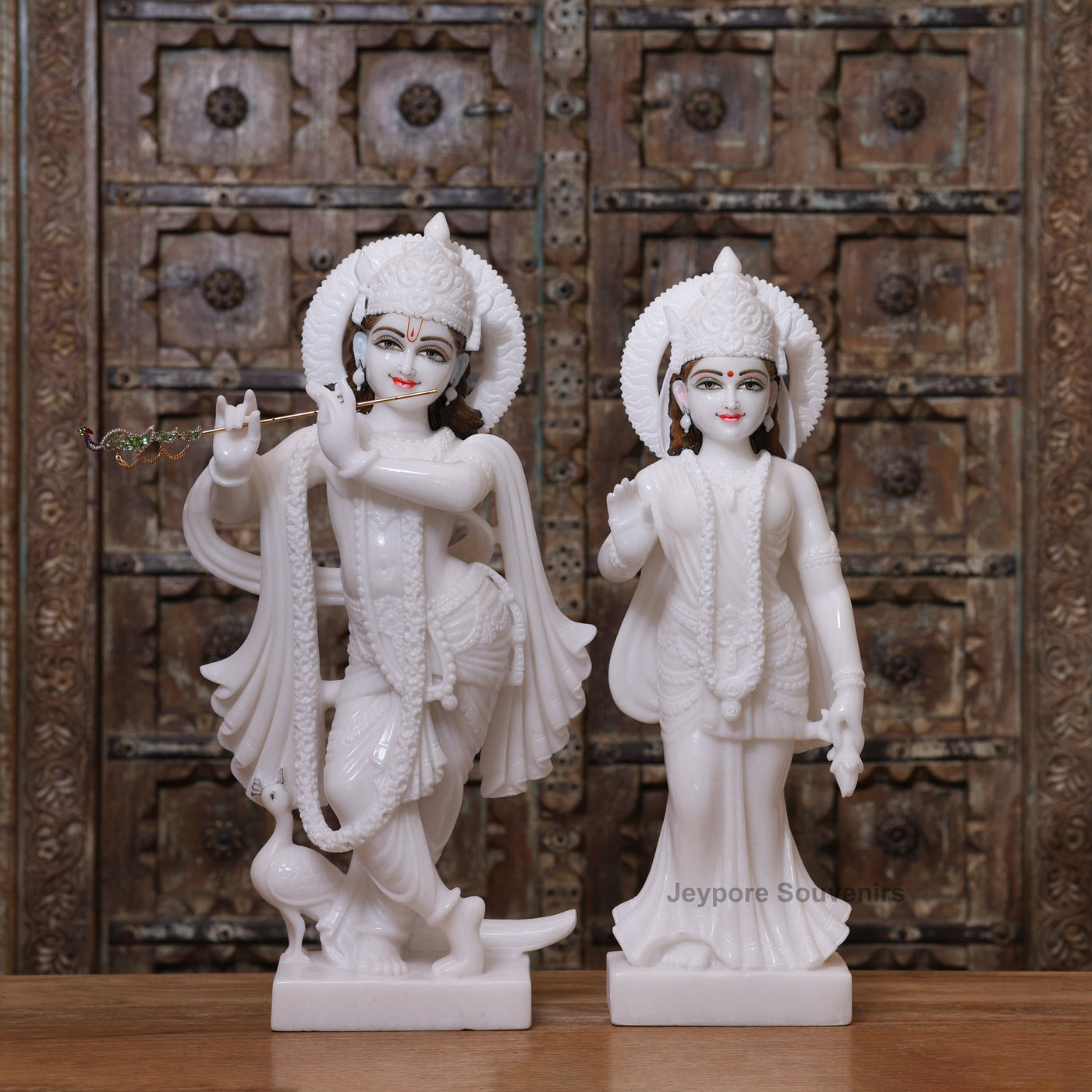 24" Handcrafted Radha Krishna Pure White Marble Statues Pair
