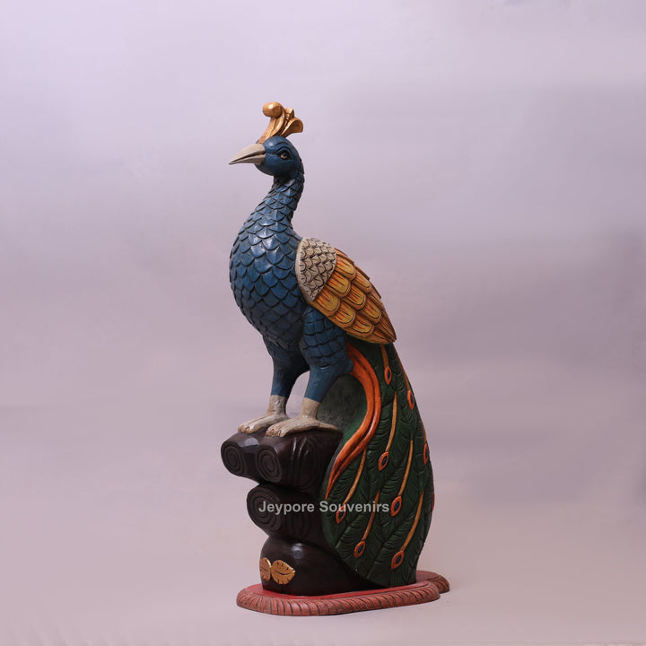 37" Grand Hand-Carved Wooden Peacock Statue