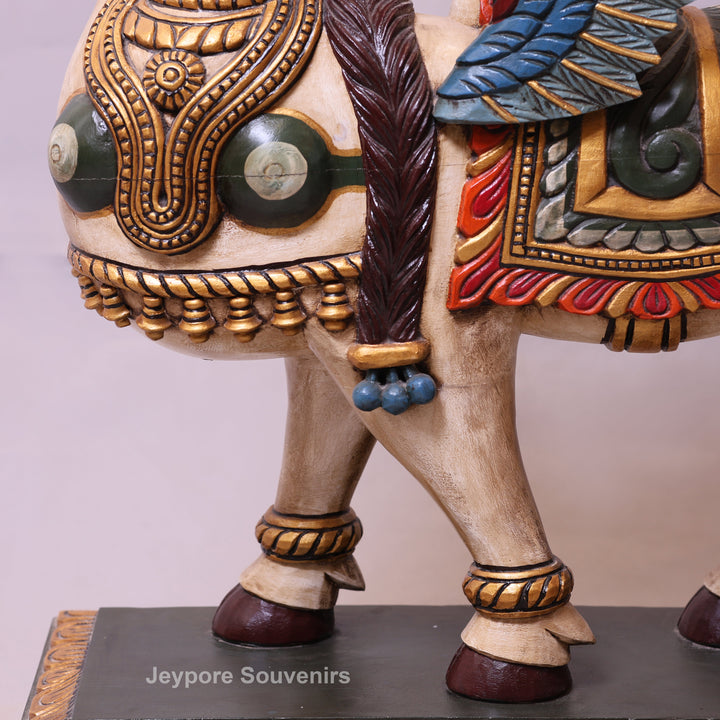 35" Handcrafted Wooden Kamadhenu Statue with Wings