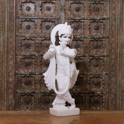 30" Radha Krishna Pure White Marble Statue Pair