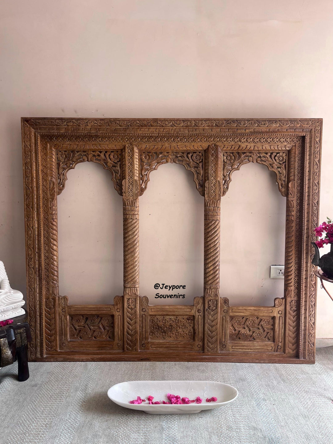 Hand carved three Jharokha Mirror | Wooden frame in Distressed Rustic Finish