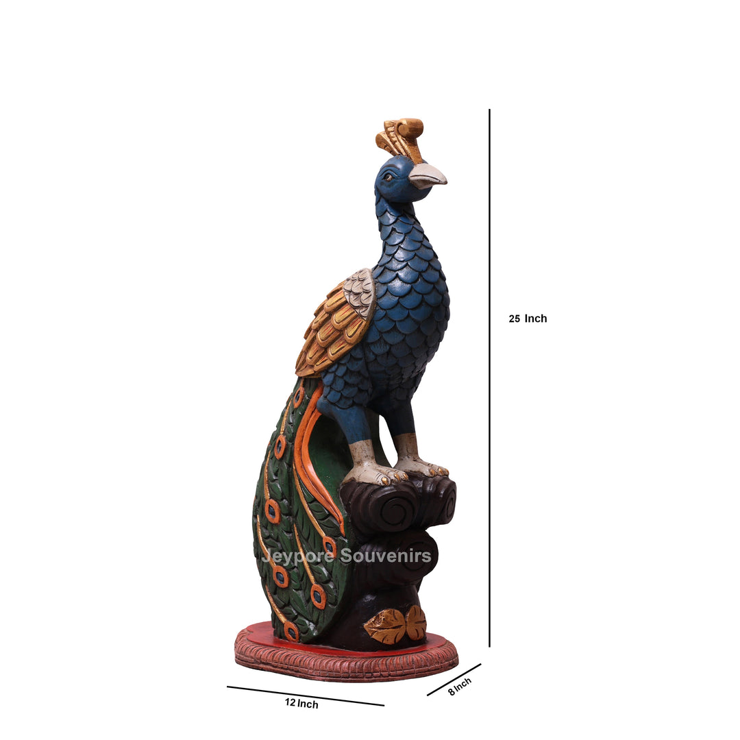 25" Hand-Carved Wooden Peacock Statue