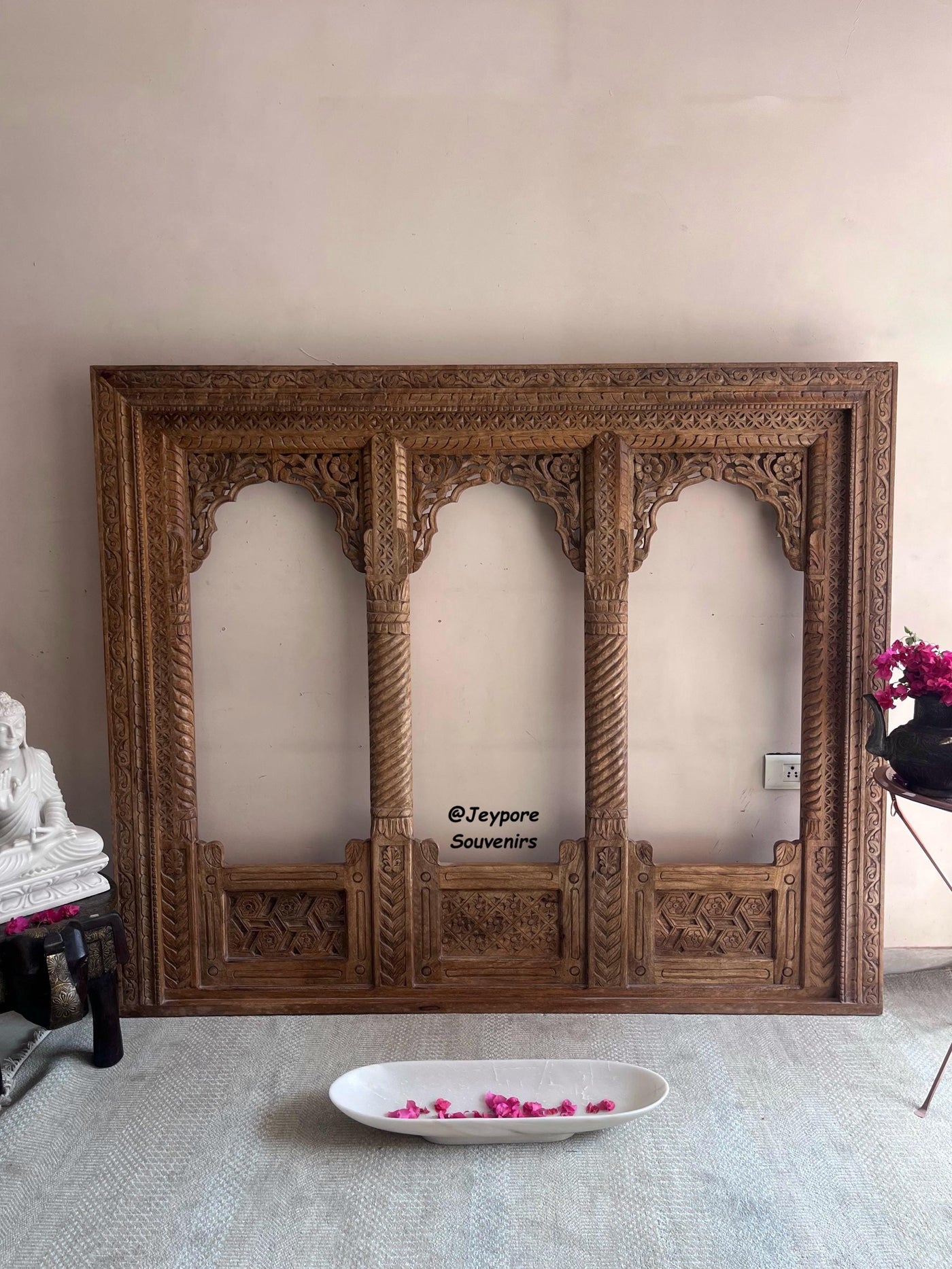 Hand carved three Jharokha Mirror | Wooden frame in Distressed Rustic Finish