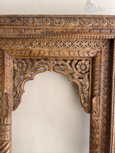 Hand carved three Jharokha Mirror | Wooden frame in Distressed Rustic Finish