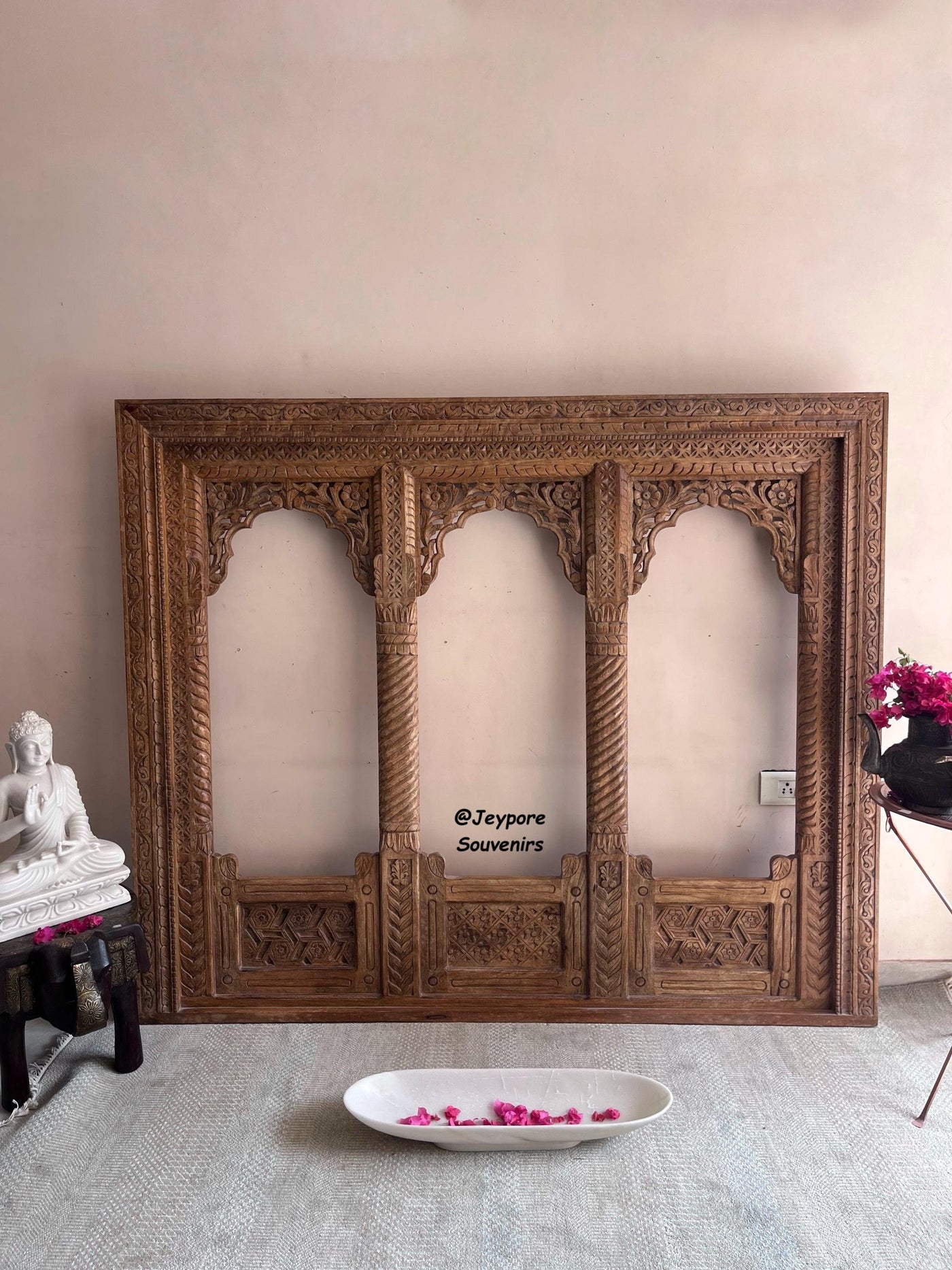 Hand carved three Jharokha Mirror | Wooden frame in Distressed Rustic Finish