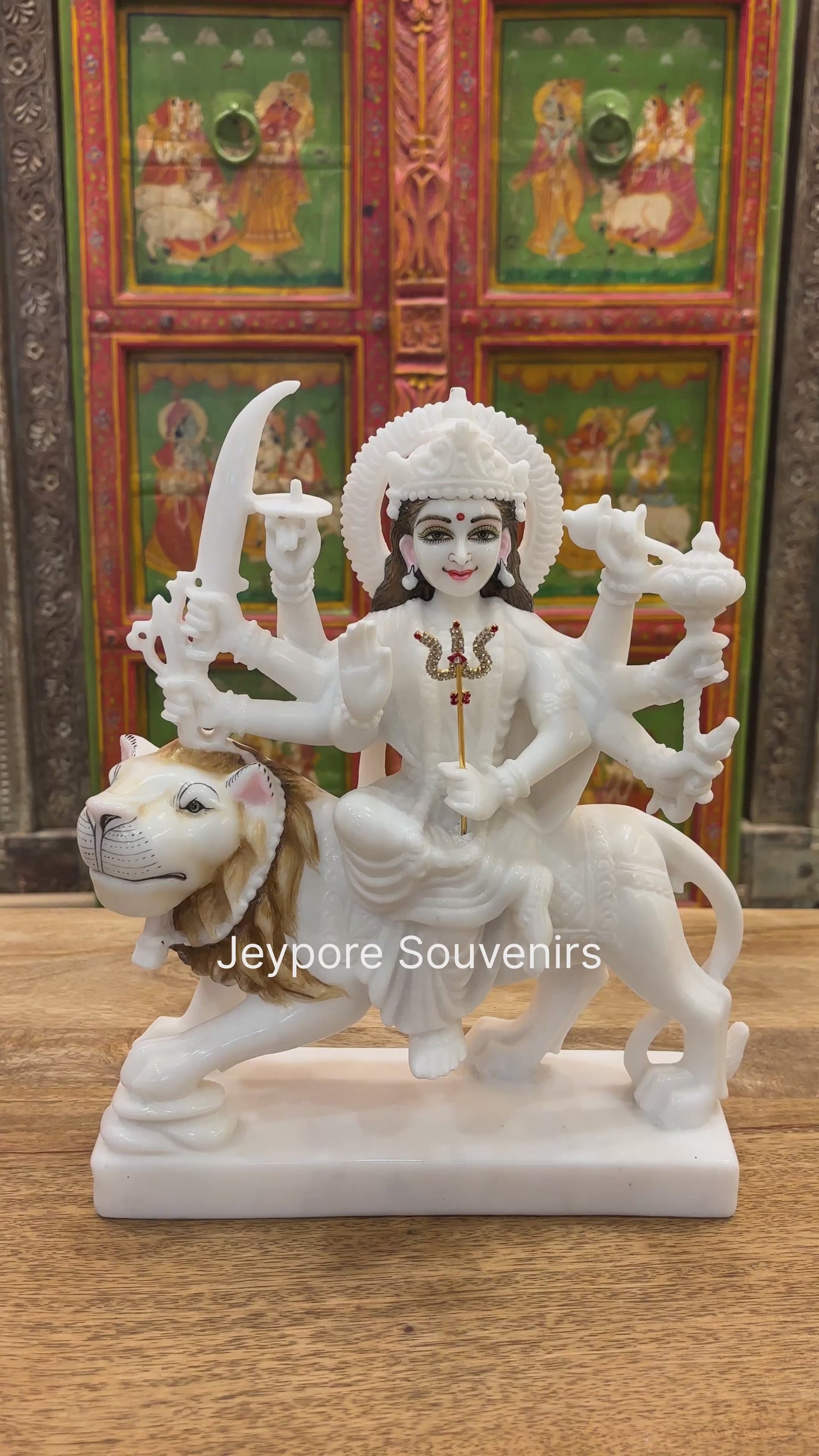12" Pure White Marble Goddess Durga Idol on Lion