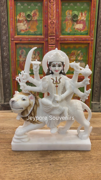 12" Pure White Marble Goddess Durga Idol on Lion