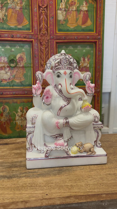 12" Handcrafted White Marble Lord Ganesha Idol