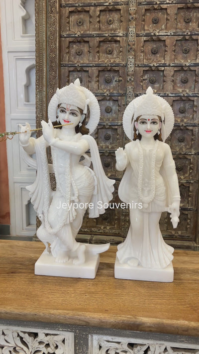 24" Handcrafted Radha Krishna Pure White Marble Statues (Murti) Pair | Designed By Indian Artisans
