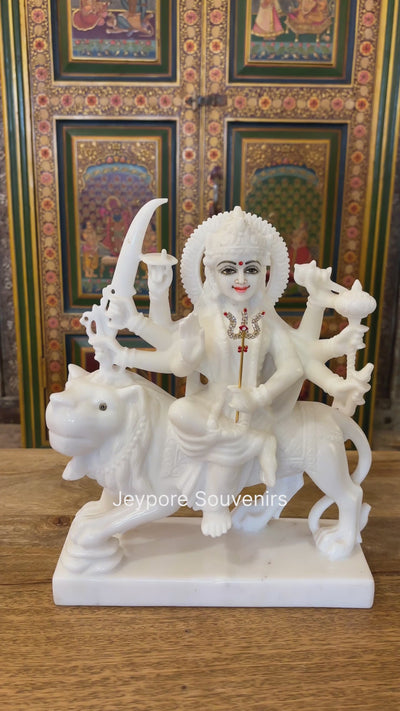 12" Pure Handcrafted White Marble Goddess Durga Idol with Lion
