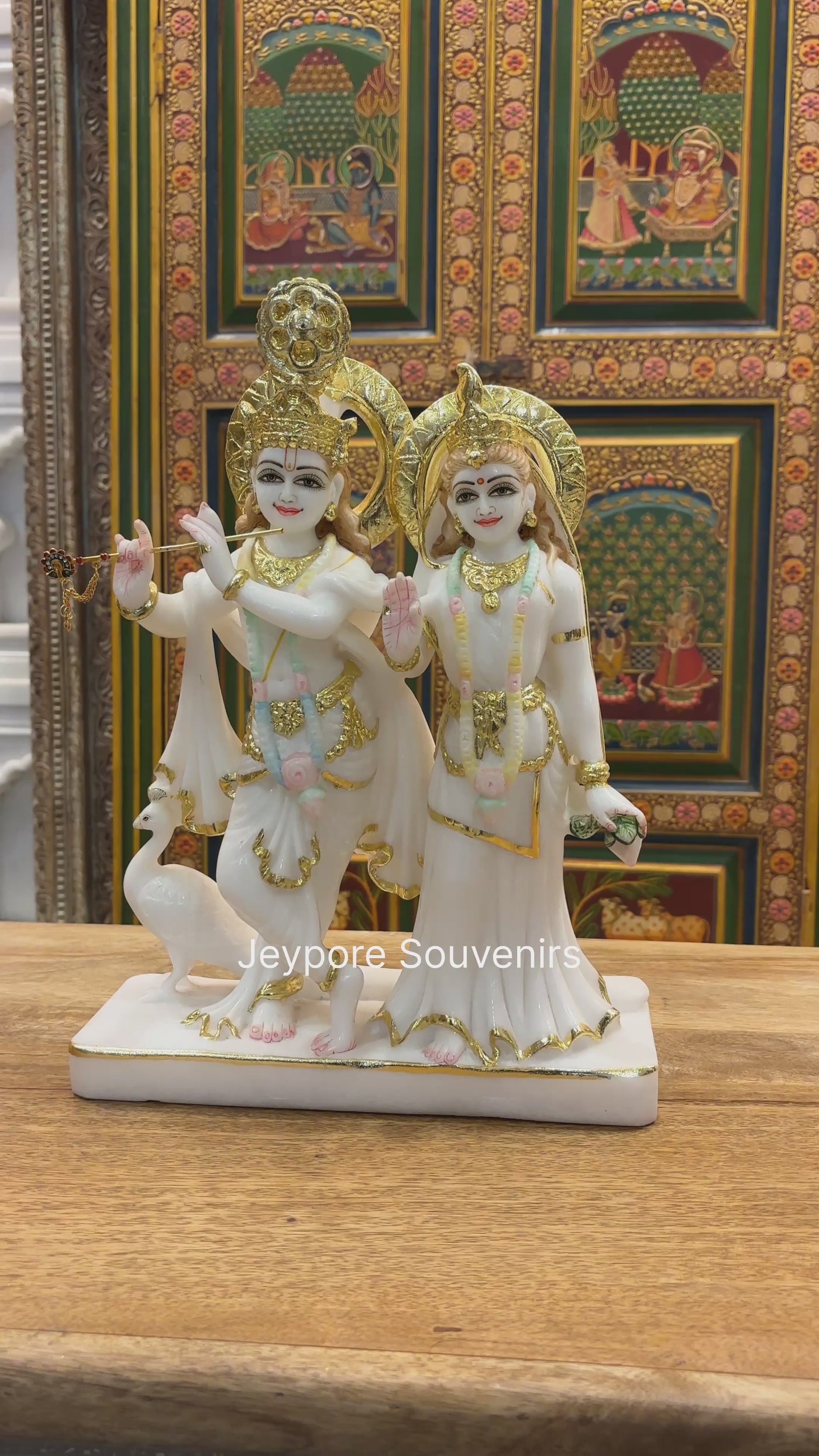 15 " Radha Krishna Pure White Marble Statue – Handcrafted Indian Idol with Real Gold Leaf Work