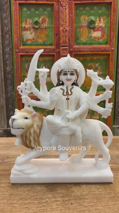 12" Handcrafted White Marble Goddess Durga Idol on Lion (8-Arm)