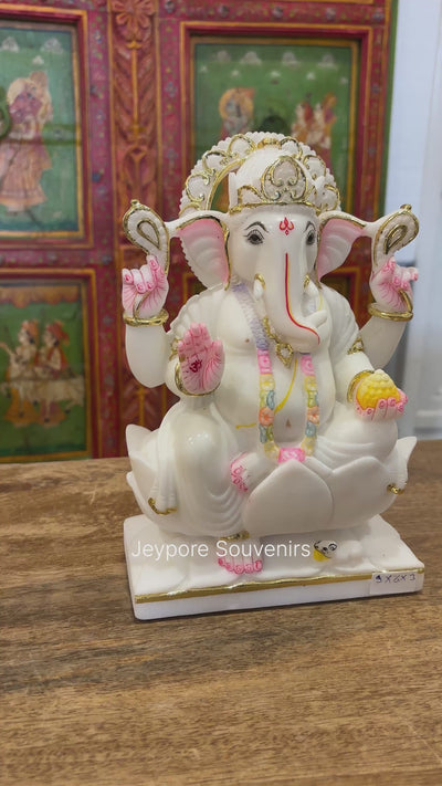 9" Pure White Marble Lord Ganesha Idol with Real Gold Leaf Work