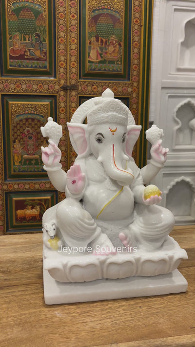 15" Pure White Marble Lord Ganesha Idol for Pooja Décor