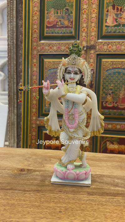 12" Elegant Handcrafted Pure White Marble Krishna Statue with Real Gold Leaf Work