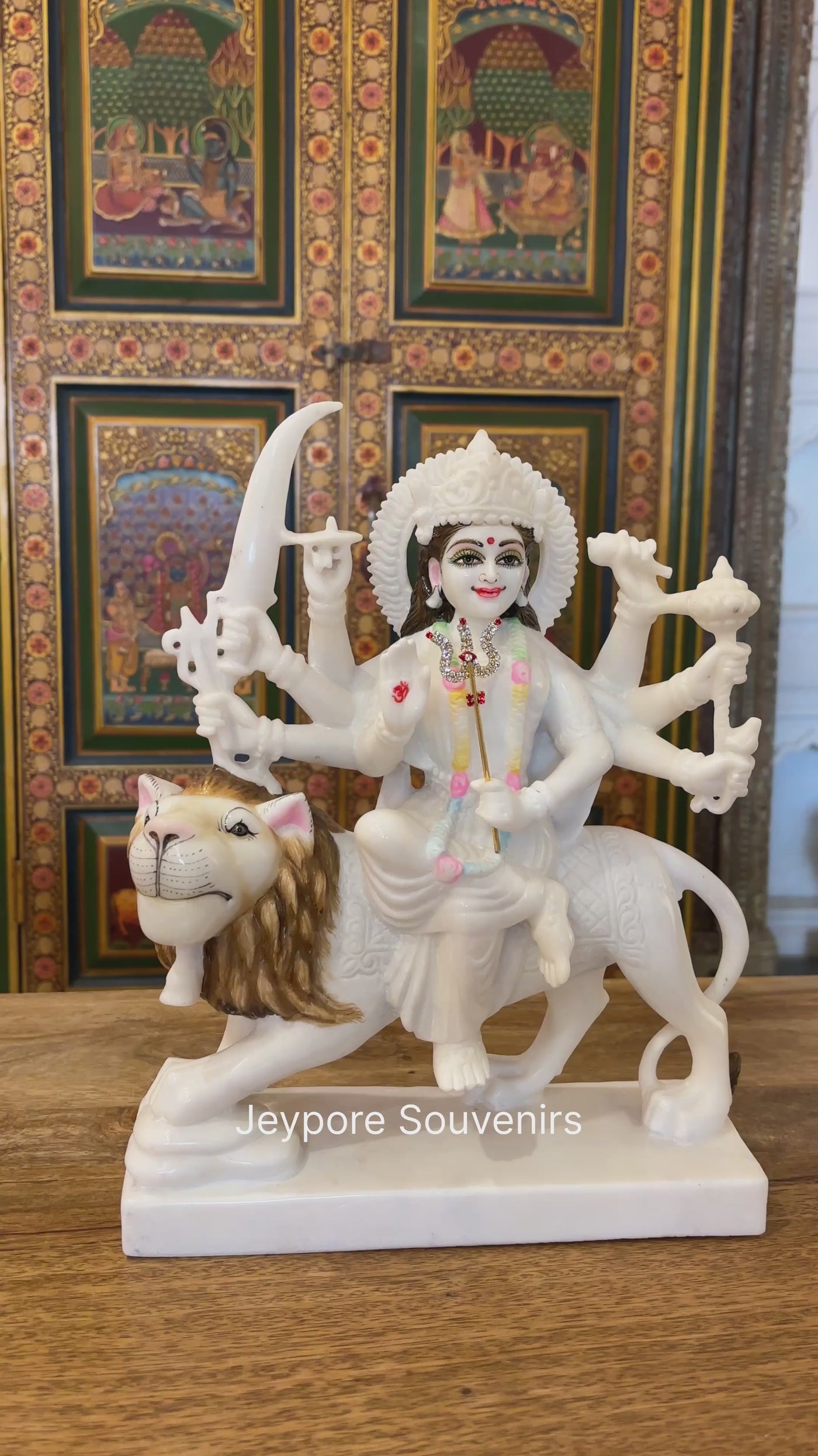 12" Pure White Marble Goddess Durga Idol on Lion