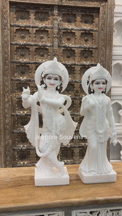 30" Radha Krishna Pure White Marble Statue Pair