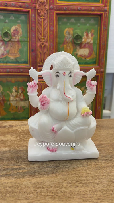 8" Handcrafted White Marble Lotus Base Lord Ganesha Idol