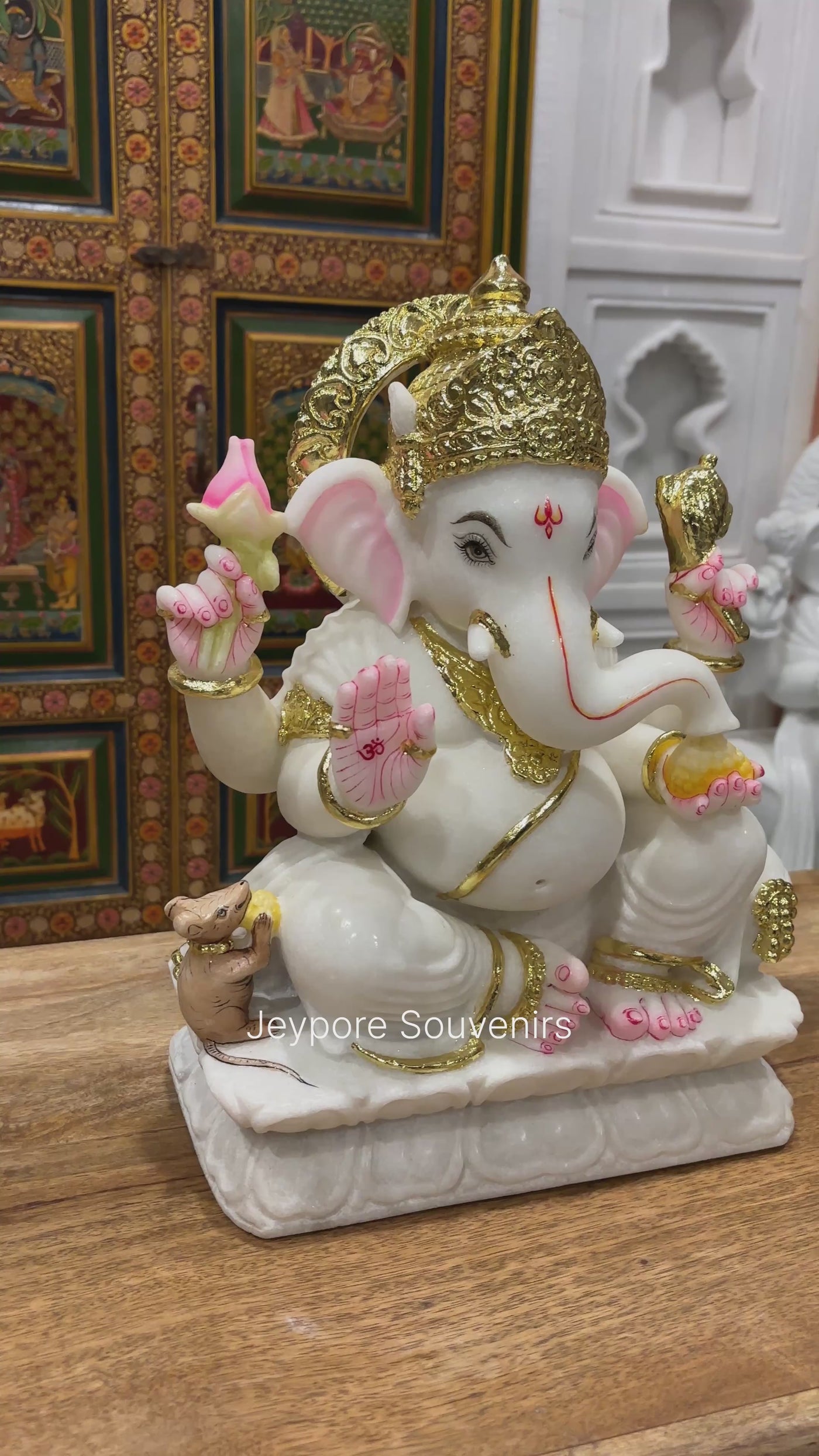 15" Pure White Marble Lord Ganesha Idol with Real Gold Leaf Crown