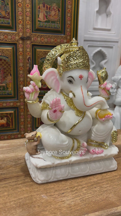 15" Pure White Marble Lord Ganesha Idol with Real Gold Leaf Crown