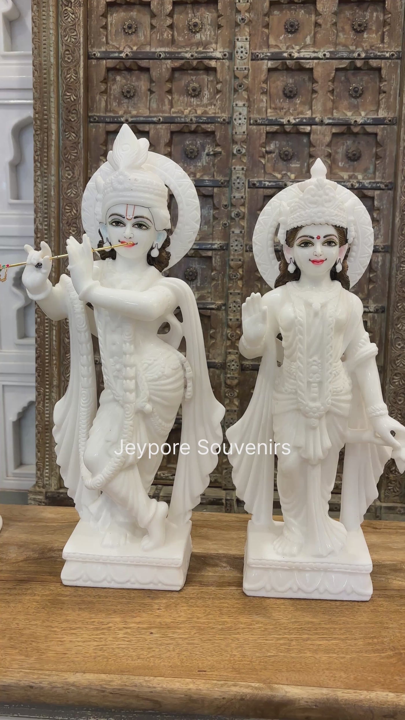 24" Pure White Marble Radha Krishna Statue Pair – Handcrafted by Indian Artisans