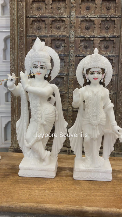 24" Pure White Marble Radha Krishna Statue Pair – Handcrafted by Indian Artisans