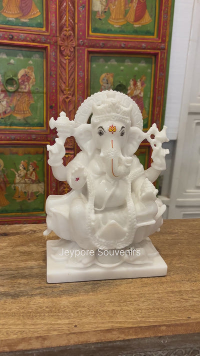 12" Pure White Marble Lord Ganesha Idol in Lotus Shape
