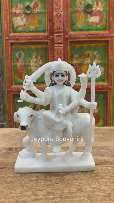 9" Pure White Marble Goddess Umiya Idol on Cow | for Protection And Strength