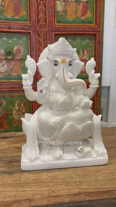 12" Handcrafted Pure White Marble Lord Ganesha Murti for Home & Office Décor