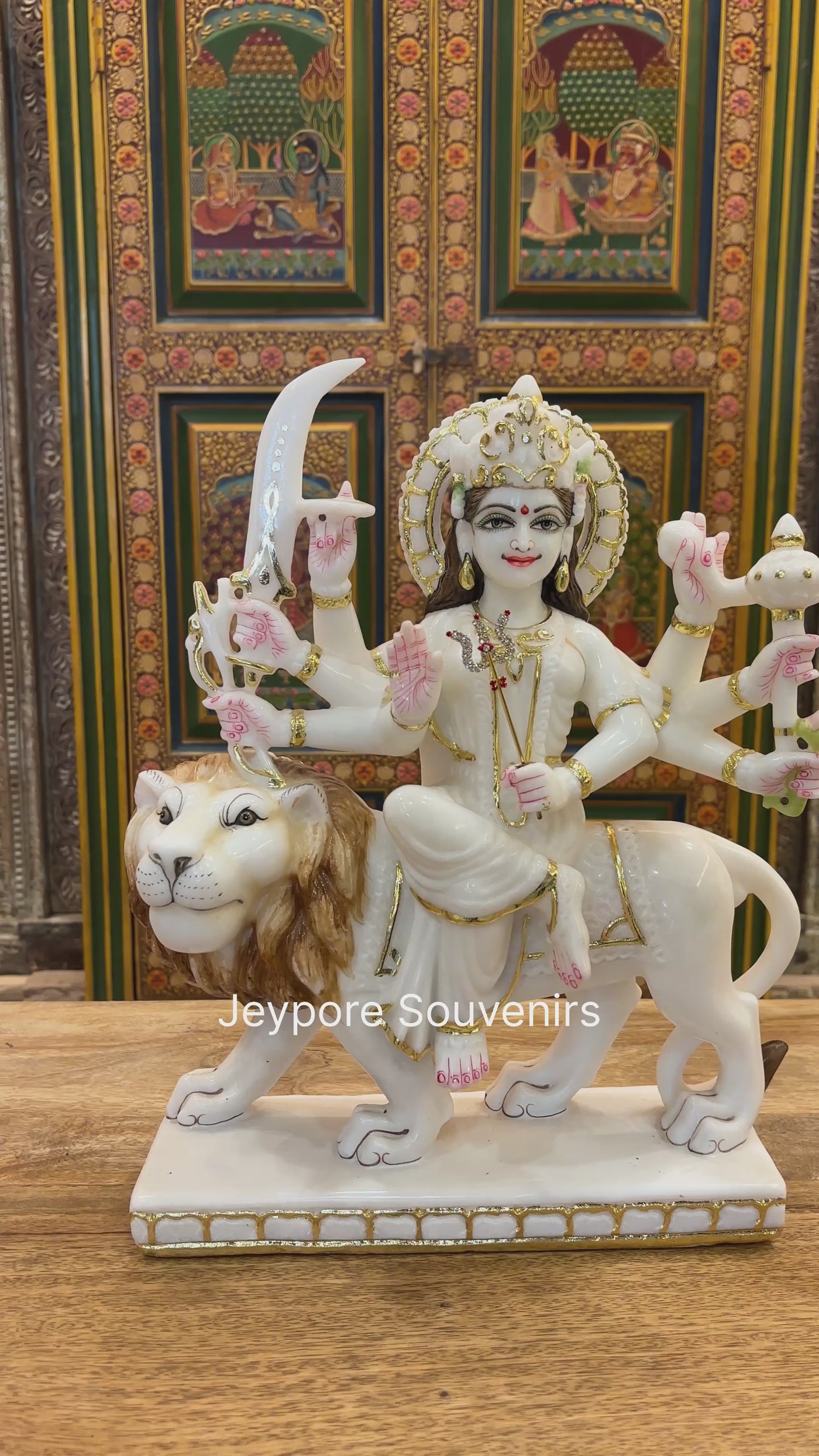 15" Real Gold Leaf Goddess Durga Marble Statue with Lion