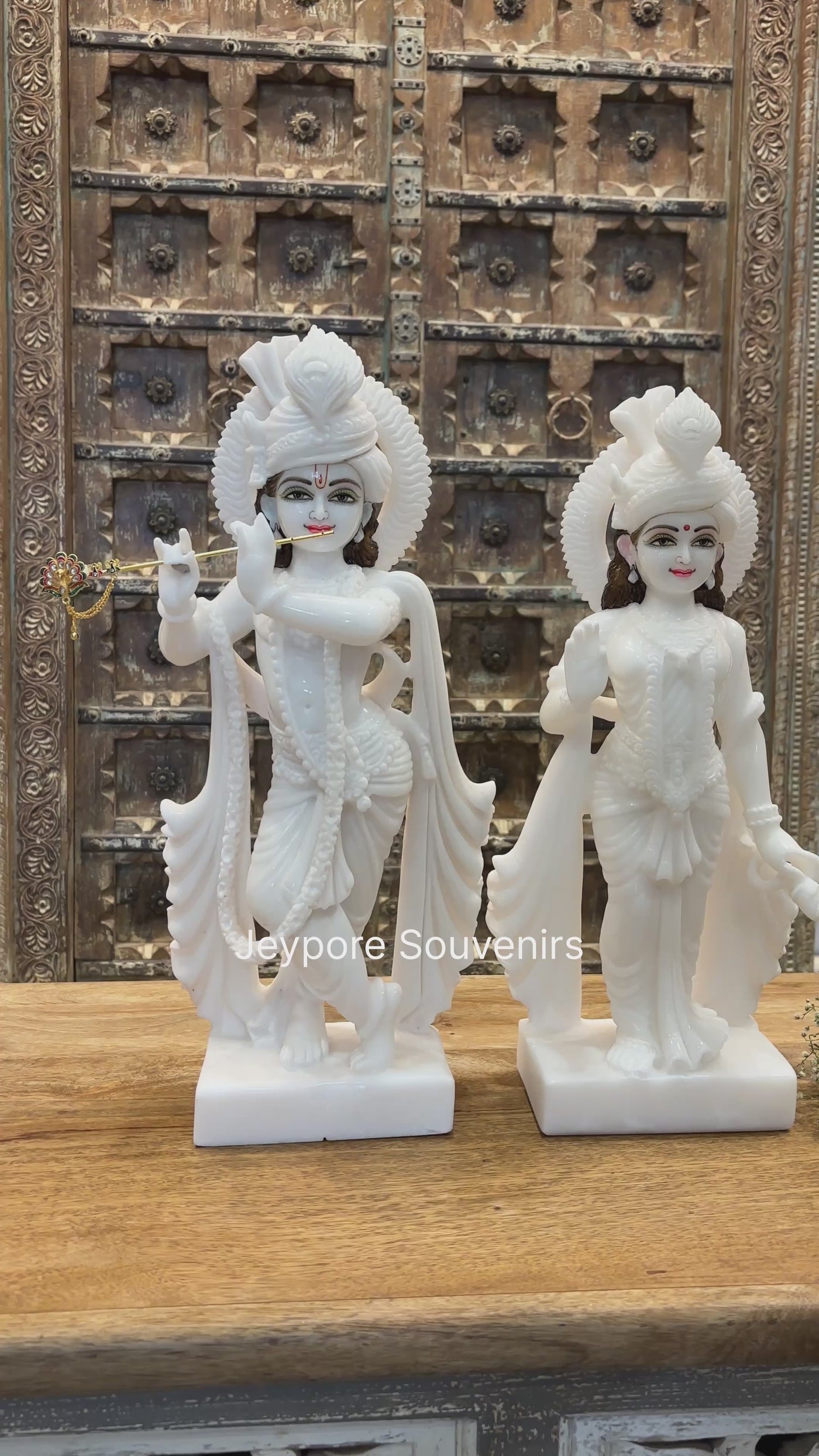 18" Handcrafted Pure White Marble Radha Krishna Pair Statues – Traditional Indian Artisan Craft