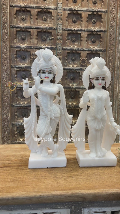 18" Handcrafted Pure White Marble Radha Krishna Pair Statues – Traditional Indian Artisan Craft
