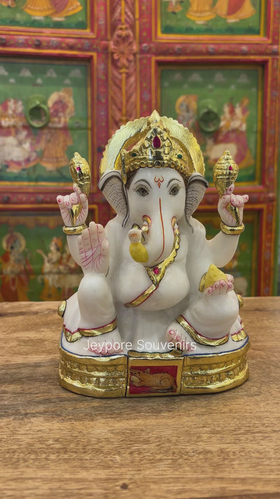 8" Pure White Marble Lord Ganesha Idol with Real Gold Leaf Work
