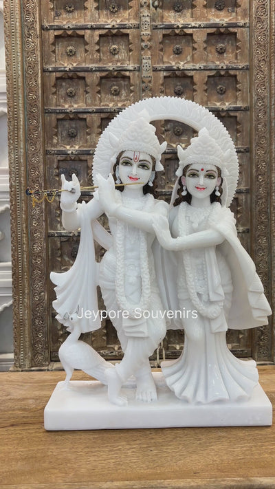 24" Pure White Marble Radha Krishna Idol | Handcrafted Sculpture by Jeypore Souvenirs