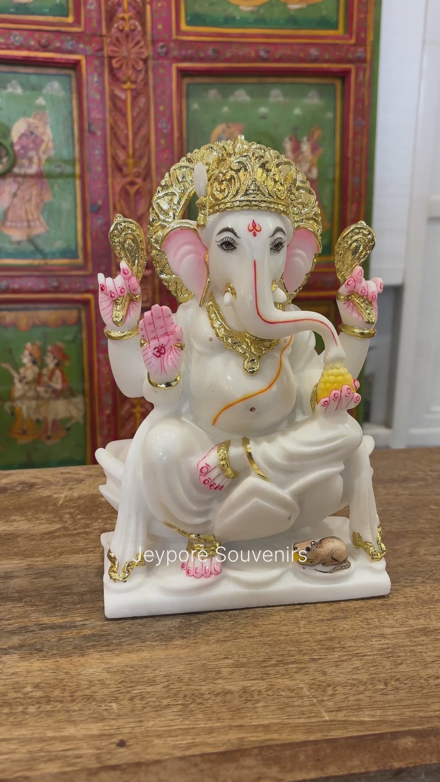 10" Pure White Marble Lord Ganesha Idol with Real Gold Leaf Crown