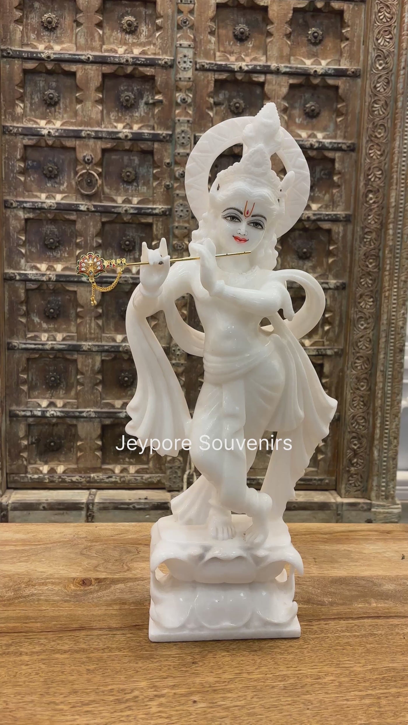 21" Majestic Handcrafted Pure White Marble Krishna Statue (Murti) with Flute