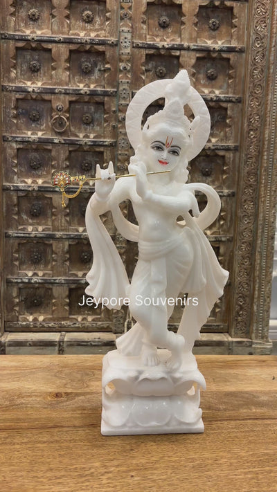 21" Majestic Handcrafted Pure White Marble Krishna Statue (Murti) with Flute