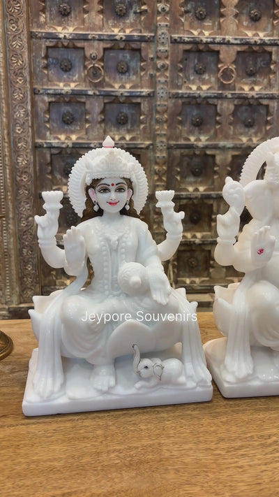 12" Pure White Marble Lakshmi Ganesha Saraswati Statues Set - Handcrafted by Indian Artisans