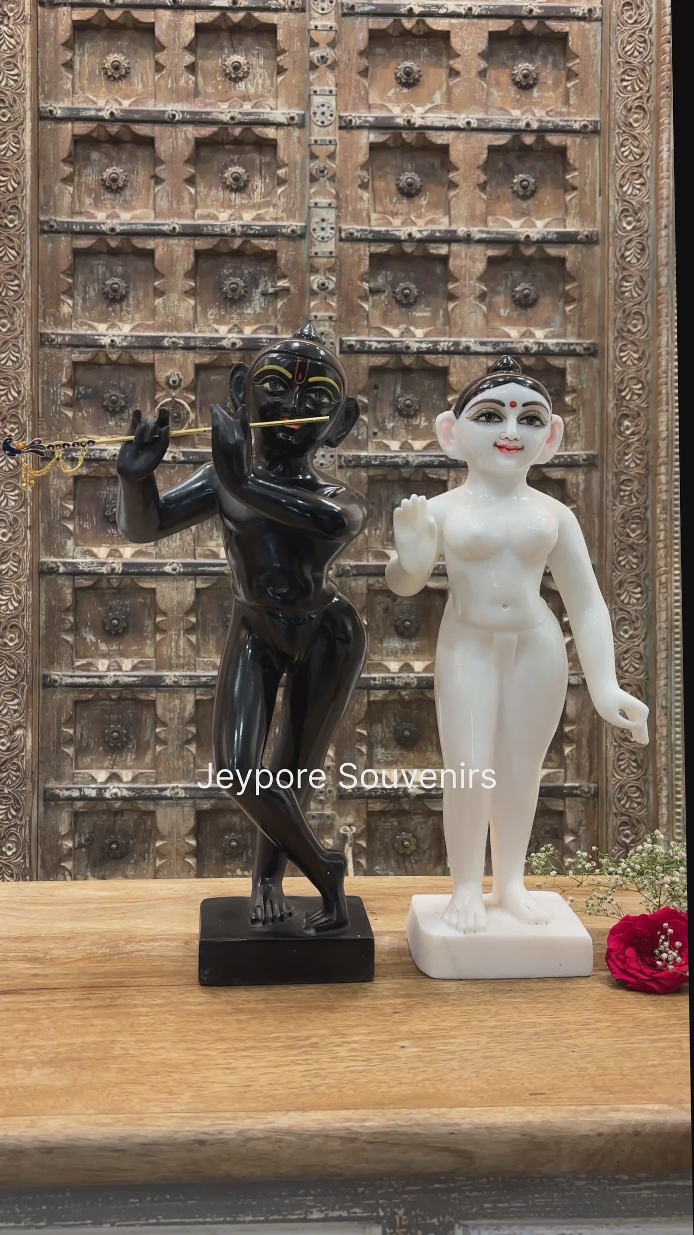 18" Exquisite Handcrafted Black and White Marble Radha Krishna Statues Pair