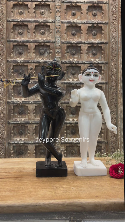 18" Exquisite Handcrafted Black and White Marble Radha Krishna Statues Pair