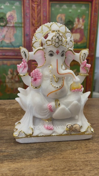 8" Pure White Marble Handmade Ganesha Statue for Home Temple & Office