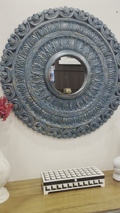 Hand carved Blue colored wooden round wall mirror