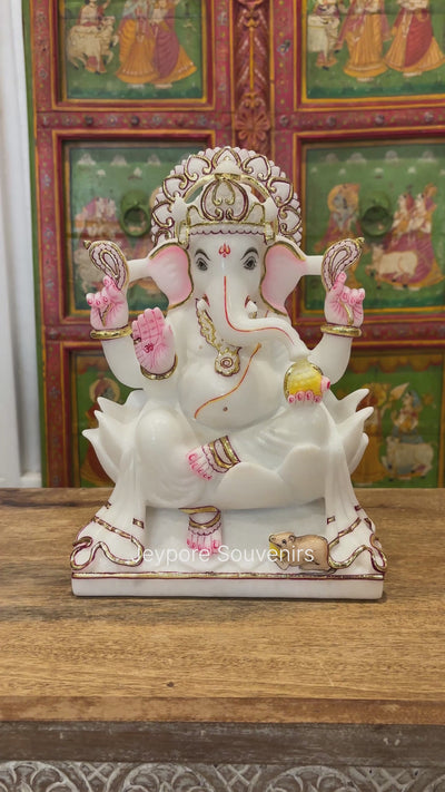 12" Pure White Makrana Marble Lord Ganesha Idol With Cut gold work