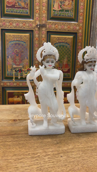 9" Elegant Pure White Marble Radha Krishna Statue Pair - Handcrafted by Indian Artisans