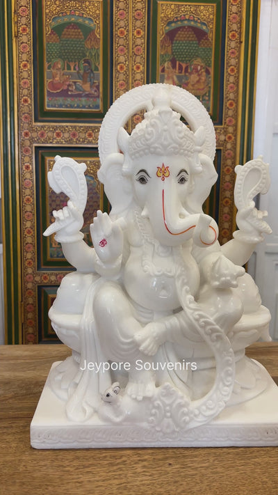 18" Lord Ganesha Idol in Pure White Marble For Home Temple