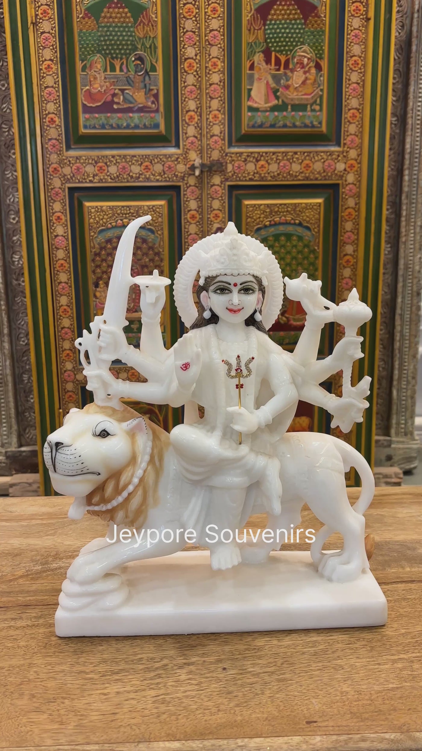 15" Handcrafted Goddess Durga Idol on Lion Made in Pure White Marble